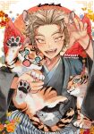  1boy animal animal_ears animal_hands artist_name blonde_hair body_markings boku_no_hero_academia cat_ears chinese_zodiac claw_pose eye_contact facial_hair fangs feathered_wings floral_print goatee grin hand_up happy_new_year hawks_(boku_no_hero_academia) holding holding_animal jewelry kadeart looking_at_another looking_at_viewer male_focus new_year open_mouth patterned_background red_feathers sitting smile solo straight-on tiger traditional_clothes wings year_of_the_tiger yellow_eyes 