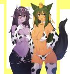  2girls :d animal_ears animal_print anubis_(monster_girl_encyclopedia) apophis_(monster_girl_encyclopedia) bangs bare_shoulders bell bikini black_hair breast_press breasts choker cleavage collarbone colored_skin commentary cow_print dark-skinned_female dark_skin elbow_gloves english_commentary eyebrows_visible_through_hair eyes_visible_through_hair fang gloves green_eyes green_hair hair_between_eyes hand_on_hip highres jackal_ears jackal_tail lamia large_breasts long_hair looking_at_viewer monster_girl monster_girl_encyclopedia multiple_girls navel neck_bell pointy_ears print_bikini print_gloves purple_skin red_eyes second-party_source simple_background skin_fang smile stomach swimsuit tail tilt-shift white_choker 