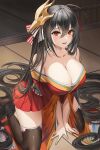  1girl absurdres ahoge azur_lane bangs bare_shoulders black_hair black_legwear breasts cleavage collarbone feather-trimmed_sleeves foot_out_of_frame hair_between_eyes hair_ornament hair_ribbon highres japanese_clothes kimono kneeling large_breasts lillly long_hair mask mask_on_head no_shoes obi on_floor open_mouth red_eyes red_kimono red_ribbon revision ribbon sash short_kimono solo taihou_(azur_lane) teeth tengu_mask thighhighs upper_teeth very_long_hair zettai_ryouiki 
