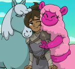  2021 alpaca alpaca_taur armor camelid camelid_taur centaurworld centinel303 cloudscape embrace equid equine eyes_closed female feral group happy horse horse_(centaurworld) hug human mammal mammal_taur pauldron rider_(centaurworld) sky smile taur wammawink 