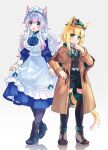  2girls animal_ears apron black_legwear blonde_hair blue_dress blue_eyes brown_coat cat_ears cat_girl cat_tail coat dress gradient_hair green_eyes hisana looking_at_viewer maid maid_apron maid_headdress medium_dress multicolored_hair multiple_girls open_clothes open_coat open_mouth original pink_hair sherlock_holmes short_shorts shorts silver_hair simple_background tail teeth thighhighs upper_teeth 