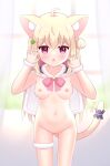  1girl absurdres ahoge animal_ear_fluff animal_ears ass_visible_through_thighs bangs bell blonde_hair blue_capelet blurry blurry_background blush bow breasts capelet cat_ears cat_girl cat_tail chestnut_mouth claw_pose clover_hair_ornament commentary_request curtains day depth_of_field eyebrows_visible_through_hair fang four-leaf_clover_hair_ornament fur-trimmed_capelet fur_trim hair_between_eyes hair_bun hair_ornament hairclip hands_up highres indoors jingle_bell liang_feng_qui_ye looking_at_viewer medium_breasts naked_capelet navel nipples original parted_lips pink_bow purple_eyes pussy side_bun signature solo standing sunlight tail transparent uncensored window 
