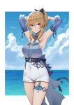  1girl absurdres armpits arms_up blonde_hair blouse blue_eyes blue_flower blue_rose blue_sky bow breasts casual day detached_sleeves flower freedomexvss full_body genshin_impact hair_bow highres jean_(genshin_impact) jean_(sea_breeze_dandelion)_(genshin_impact) legs looking_at_viewer medium_breasts ocean ponytail rose shirt shorts sideboob sky sleeveless sleeveless_shirt smile white_shorts 