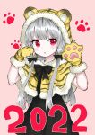  1girl 2022 :o ama-tou animal_ears animal_hands animal_hood animal_print bangs black_bow black_dress black_ribbon bow capelet chinese_zodiac commentary_request dress eyebrows_visible_through_hair fake_animal_ears fur-trimmed_capelet fur-trimmed_gloves fur-trimmed_hood fur_trim gloves grey_hair hair_ribbon hands_up highres hood hood_up hooded_capelet long_hair parted_lips paw_gloves pink_background print_capelet print_gloves red_eyes ribbon simple_background solo sophie_twilight tiger_ears tiger_hood tiger_print tonari_no_kyuuketsuki-san very_long_hair year_of_the_tiger yellow_capelet yellow_gloves 