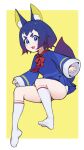  1girl :3 absurdres animal_ears blue_eyes blue_hair blue_shirt blue_skirt border bow bowtie copyright_request full_body gradient_hair highres lan_mao_akko long_sleeves looking_at_viewer medium_hair miniskirt multicolored_hair panties pleated_skirt red_bow red_bowtie red_sailor_collar sailor_collar school_uniform serafuku shirt simple_background skirt smile smug socks solo underwear white_border white_legwear white_panties wide_sleeves yellow_background 