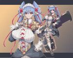  1girl android baketu blue_hair breasts dress large_breasts looking_at_viewer maid maid_headdress orange_eyes pixel_art poppi_(xenoblade) poppi_qt_(xenoblade) pose ribbon skirt smile solo sword thighhighs thighs weapon xenoblade_chronicles_(series) xenoblade_chronicles_2 