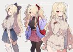  1girl :d ahoge alternate_costume bag black_bow black_shirt blonde_hair blue_skirt blush bow bowtie brown_bow brown_legwear closed_mouth contrapposto edel_(ikeuchi_tanuma) grey_background grey_sweater hair_bow hair_over_one_eye ikeuchi_tanuma jacket leg_warmers long_hair long_sleeves looking_at_viewer miniskirt multiple_views one_eye_covered one_side_up open_mouth original pantyhose pink_skirt ponytail purple_jacket red_bow red_eyes ribbed_sweater shirt shoulder_bag skirt smile standing strawberry_bag sweater thighhighs twintails twitter_username v very_long_hair zettai_ryouiki 