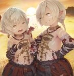  2boys avatar_(ff14) backlighting belly blonde_hair bodypaint breathing_fire dragon dragon_on_shoulder ell evening facial_mark final_fantasy final_fantasy_xiv fire gloves grin half_gloves height_difference highres holding jewelry lalafell male_focus medium_hair multiple_boys one_eye_closed open_mouth outdoors short_hair sky smile stomach sun sunset upper_body 