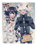  2boys ahoge android animal_ears animal_print bangs black_gloves black_hair black_scarf blush border buttons checkered_clothes checkered_scarf cheer_(cheerkitty14) danganronpa_(series) danganronpa_v3:_killing_harmony double-breasted fangs flipped_hair gloves gradient gradient_background grey_background grey_eyes grey_hair grey_jacket grey_pants hair_between_eyes happy_new_year highres jacket keebo medium_hair multiple_boys new_year open_mouth ouma_kokichi outline pants scarf shiny shiny_hair short_hair smile tail teeth tiger_ears tiger_print tiger_tail upper_teeth white_border white_outline white_scarf 