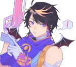  ! 1boy assault_rifle astra_(valorant) astra_(valorant)_(cosplay) black_hair capelet cosplay english_commentary gloves gun highres holding holding_gun holding_weapon male_focus multicolored_hair nijisanji nijisanji_en orange_hair parted_lips portrait purple_capelet red_eyeliner rifle shu_yamino single_sleeve solo spoken_exclamation_mark streaked_hair valorant virtual_youtuber weapon white_background white_gloves wings yao_(minteuai) 