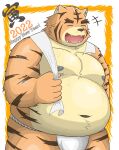  2022 anthro asian_clothing belly bodily_fluids chinese_zodiac clothing cute_fangs east_asian_clothing eyes_closed felid fundoshi hi_res holidays humanoid_hands japanese_clothing kemono male mammal moobs navel new_year new_year_2022 nipples orange_body overweight overweight_male pantherine shirokuma_210 solo sweat tiger towel towel_around_neck underwear white_clothing white_fundoshi white_underwear year_of_the_tiger 
