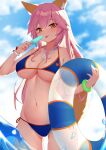  1girl absurdres animal_ear_fluff animal_ears bangs bare_shoulders bikini blue_bikini blue_sky blush bracelet breasts cleavage collarbone fate/grand_order fate_(series) food fox_ears fox_girl fox_tail highres innertube jewelry large_breasts long_hair looking_at_viewer navel necklace pink_hair popsicle ru_yan sidelocks sky smile solo swimsuit tail tamamo_(fate) tamamo_no_mae_(swimsuit_lancer)_(fate) thighs yellow_eyes 