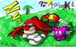  2001 anthro chaos_(sonic) christine-gavlas clothing eyewear eyewear_on_head footwear glasses glasses_on_head gloves handwear knuckles_the_echidna low_res lying lying_on_ground male on_front purple_body red_body sega shoes signature sleeping sonic_adventure sonic_the_hedgehog_(series) 