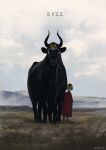  2022 ambiguous_gender arizuka black_body black_fur bovid bovine cattle clothed clothing dress duo feral fur grass hi_res horn human larger_feral mammal mask mountain outside plant quadruped red_clothing red_dress size_difference sky smaller_human standing watermark 