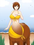  accessory beach big_breasts bikini breasts brown_eyes brown_hair brown_tail centaur clothing cloud equid equid_taur female flower flower_in_hair hair hair_accessory hand_on_breast hi_res humanoid_taur mammal mammal_taur phantom_inker plant sea seaside short_hair smile solo solo_focus swimwear taur water 