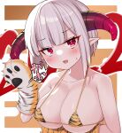  1girl 2022 :d animal_hands animal_print bangs bare_shoulders bikini blunt_bangs blush breasts chinese_zodiac cleavage collarbone commentary_request egasumi eyebrows_visible_through_hair gloves grey_hair highres horns large_breasts micro_bikini orange_bikini orange_gloves original paw_gloves pointy_ears print_bikini print_gloves red_eyes short_hair smile solo sweat swimsuit templus tiger_print upper_body year_of_the_tiger 