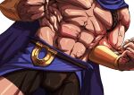  1boy absurdres blue_cape brown_shorts bulge cape clenched_hands commentary_request dutch_angle greef_(greef63073776) grey_background head_out_of_frame highres league_of_legends male_focus muscular muscular_male navel pantheon_(league_of_legends) shorts simple_background solo veins 