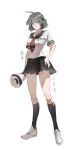  1girl ahoge bangs black_legwear black_sailor_collar black_skirt breasts brown_hair closed_mouth danganronpa_(series) danganronpa_another_episode:_ultra_despair_girls eyebrows_visible_through_hair full_body go_shika_anan hand_on_hip highres holding holding_megaphone kneehighs medium_breasts megaphone miniskirt naegi_komaru necktie red_necktie sailor_collar school_uniform shirt short_hair short_sleeves simple_background skirt solo translation_request white_background white_footwear white_shirt 