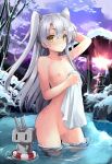  1girl amatsukaze_(kancolle) collarbone flat_chest highres holding holding_towel kantai_collection kumakou lifebuoy long_hair nipples nude onsen outdoors partially_submerged rensouhou-kun silver_hair snow standing towel two_side_up wading wet yellow_eyes 