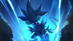  absurdres blurry commentary electricity from_below glowing glowing_eyes higa-tsubasa highres looking_at_viewer luxray no_humans pokemon pokemon_(creature) solo squatting toes 