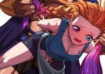  1boy 1girl absurdres arms_behind_back bare_shoulders bike_shorts braid cape collarbone doggystyle greef_(greef63073776) green_tank_top head_out_of_frame heterochromia highres league_of_legends long_hair muscular muscular_male no_bra open_mouth orange_hair pantheon_(league_of_legends) pink_hair purple_eyes purple_hair restrained sex shiny shiny_skin shorts single_braid sweat tank_top torn_clothes torn_shorts 