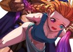  1boy 1girl absurdres arms_behind_back bare_shoulders bike_shorts braid cape collarbone commentary_request doggystyle greef_(greef63073776) green_tank_top head_out_of_frame heterochromia highres league_of_legends long_hair muscular muscular_male no_bra open_mouth orange_hair pantheon_(league_of_legends) pink_hair purple_eyes purple_hair restrained sex shiny shiny_skin single_braid sweat tank_top 