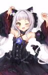  1girl :3 animal_ear_fluff animal_ears armpits arms_up bangs black_dress blush bow bow_dress detached_sleeves dress eyebrows_visible_through_hair gothic_lolita grey_hair halterneck highres hololive lolita_fashion long_hair looking_at_viewer murasaki_shion one_eye_closed open_mouth seboneko solo tail tail_bow tail_ornament twintails virtual_youtuber yellow_eyes 