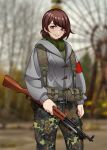  1girl ammunition_pouch bangs blurry blurry_background brown_eyes brown_hair camouflage camouflage_pants ferris_wheel green_scarf grey_jacket grey_sky grin gun hair_bun highres holding holding_gun holding_weapon jacket keiita long_sleeves looking_at_viewer military military_jacket military_uniform original outdoors pants pouch rifle scarf sks smile solo uniform weapon 