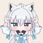  1girl ahoge animal_ear_fluff animal_ears arms_up artist_name bangs bent_over blue_neckerchief blue_ribbon blush_stickers braid chibi commentary_request detached_sleeves drawstring fox_ears fox_girl fox_shadow_puppet green_eyes hands_up highres hololive jitome long_hair looking_at_viewer mochimiko neckerchief puffy_cheeks ribbon shirakami_fubuki simple_background solo twitter_username virtual_youtuber white_hair wide_sleeves yellow_background 