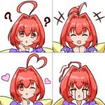  1girl :o ? ^_^ ahoge bangs bow chibi closed_eyes commission crying eyebrows_visible_through_hair hair_bow hakuryou_high_school_uniform head_tilt heart heart_hair juliet_sleeves kagami_sumika long_sleeves looking_at_viewer multiple_views muvluv nadei_ru one_eye_closed open_mouth puffy_sleeves red_eyes red_hair school_uniform skeb_commission smile yellow_bow 