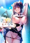  3girls :d arm_behind_head ayaka_(yuutousei_ayaka_no_uraomote) bangs bare_shoulders bell black_bow black_bowtie black_dress black_neckwear black_panties blue_sky blurry blurry_background blush bokeh bow bowtie breasts breasts_apart breasts_outside cameltoe cat_ear_panties cat_lingerie cleavage_cutout clothes_lift clothing_cutout collarbone day depth_of_field detexted dress eyebrows_visible_through_hair eyelashes grin groin hair_ornament hair_scrunchie hairclip half-closed_eyes highres hisama_kumako holding holding_eyewear jingle_bell large_breasts lifted_by_self light_particles long_hair looking_at_viewer meme_attire multiple_girls navel neck_bell nipples open_mouth orange_eyes original outdoors panties pink_scrunchie pleated_skirt rimless_eyewear scrunchie short_dress side_ponytail skindentation skirt skirt_lift sky sleeveless sleeveless_dress smile stomach sweat teeth third-party_edit underwear wrist_cuffs yuutousei_ayaka_no_uraomote 