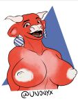  absurd_res anthro big_breasts bovid bovine breasts bust_portrait cattle ear_piercing female fur hands_behind_back hi_res horn laugh mammal nipples piercing portrait red_body red_fur smile solo the_laughing_cow unonyx white_nipples 