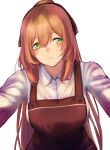  1girl 3_small_spiders :o absurdres alternate_costume apron bangs blush breasts brown_apron brown_ribbon eyebrows_visible_through_hair girls&#039;_frontline green_eyes hair_between_eyes hair_ribbon highres leaning_forward long_hair looking_at_viewer open_mouth orange_hair ponytail ribbon shirt solo springfield_(girls&#039;_frontline) upper_body white_background white_shirt 