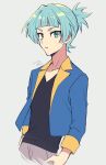  1boy :o bangs blue_hair casual cropped_jacket cropped_legs green_eyes jacket looking_at_viewer male_focus mikami_(mkm0v0) open_clothes open_jacket shiun&#039;in_sora solo tied_hair yu-gi-oh! yu-gi-oh!_arc-v 
