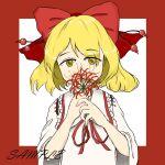  1girl blonde_hair bow commentary_request detached_sleeves eyebrows_visible_through_hair flower frilled_shirt_collar frills hair_bow japanese_clothes long_sleeves red_background red_bow red_ribbon ribbon sample satsuki_rin shirt short_hair simple_background spider_lily touhou two-tone_background upper_body user_xjzu2522 white_background white_shirt yellow_eyes 