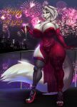  absurd_res anthro beverage big_breasts breasts canid canine canis clothing domestic_dog dress ear_piercing elegant exercise female fireworks fluffy fluffy_tail gloves handwear helluva_boss hi_res high_heels legwear looking_at_viewer loona_(helluva_boss) makeup mammal mrxrayfire new_year_2022 nipples piercing push-up smile solo stockings thick_thighs translucent translucent_clothing wide_hips wolf 