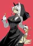  accessory anthro big_breasts black_nose braided_hair breasts cigarette cigarette_in_mouth clothed clothing comic cross dark_dress dark_stockings digital_media_(artwork) eye_patch eyewear female fire fur genitals gloves grey_clothing gun hair hair_accessory handgun handwear hi_res holding_gun holding_lighter holding_object holding_weapon lighter mammal manga narrowed_eyes nun nun_outfit portrait puppychan48 ranged_weapon simple_background smile solo standing tan_body tan_fur tan_tail three-quarter_portrait weapon white_background white_clothing white_ears white_gloves white_handwear 