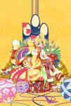  1girl 2022 adapted_costume animal_ears ball bird blonde_hair brown_legwear card chinese_zodiac choker cure_sparkle dated earrings fish floral_print folding_fan full_body geta green_eyes hair_cones hair_ornament hanafuda hand_fan happy_new_year healin&#039;_good_precure healing_animal heart heart_hair_ornament highres hiramitsu_hinata japanese_clothes jewelry kimono long_hair looking_at_viewer magical_girl nengajou new_year nyatoran_(precure) obi petals pom_pom_(clothes) pom_pom_earrings precure sash short_kimono sitting strawberrylove2525 string striped striped_legwear tail thighhighs tiger_ears tiger_tail twintails vest wide_sleeves year_of_the_tiger yellow_choker yellow_theme yellow_vest 