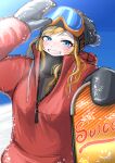  1girl absurdres beanie black_headwear blush commentary_request day grin hat highres holding hood hood_down hooded_jacket idolmaster idolmaster_cinderella_girls idolmaster_cinderella_girls_starlight_stage jacket keke_(akuringo731) mittens ohtsuki_yui outdoors red_jacket ski_goggles smile snowboard teeth upper_body winter_clothes zipper zipper_pull_tab 