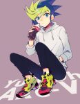  1boy bangs black_pants blonde_hair blue_hair bottle coca-cola dyed_bangs full_body green_eyes holding holding_bottle hood hoodie male_focus mikami_(mkm0v0) multicolored_hair pants shoes sneakers solo spiked_hair two-tone_hair white_hoodie yu-gi-oh! yu-gi-oh!_arc-v yuugo_(yu-gi-oh!) 