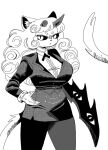  :&lt; anthro big_breasts biped black_sclera breasts business_suit clothed clothing comic curled_hair dark_clothing digital_media_(artwork) domestic_cat felid feline felis female fur grey_horn hair hand_on_hip hand_weapon hi_res horn inner_ear_fluff long_hair long_tail mammal manga narrowed_eyes notched_horn portrait puppychan48 simple_background solo standing suit tail_tuft three-quarter_portrait trans_(lore) trans_woman_(lore) tuft weapon white_background 