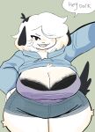  2021 anthro big_breasts big_legs biped black_bra black_clothing black_ears black_tail black_underwear blue_bottomwear blue_clothing blue_hoodie blue_shorts blue_topwear blush bottomwear bra breasts breath canid canine canis clothed clothing curvy_figure cute_fangs dialogue digital_media_(artwork) domestic_dog english_text female floppy_ears front_view fur green_background hair hair_over_eye half-closed_eyes hand_on_hip hi_res high-angle_view hoodie huge_breasts kemono looking_at_viewer mammal narrowed_eyes one_eye_obstructed open_mouth pink_tongue portrait puppychan puppychan48 purple_clothing purple_shirt purple_topwear raised_clothing raised_hoodie raised_topwear shaded shirt short_hair shorts simple_background simple_shading smile solo speech_bubble standing talking_to_viewer teeth text thick_thighs three-quarter_portrait tongue topwear underwear voluptuous white_body white_fur white_hair wide_hips 