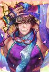  1boy adjusting_clothes adjusting_headwear az_(kroneko007) battle_tendency black_hair blue_eyes blue_scarf bomber_hat bracelet confetti facial_mark fangs fingerless_gloves fur_hat gloves goggles goggles_around_neck grin hat jewelry jojo_no_kimyou_na_bouken joseph_joestar joseph_joestar_(young) male_focus multiple_hats one_eye_closed scarf smile solo star_(symbol) star_print ushanka 