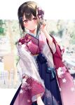  1girl bangs black_hair blurry blurry_background blush hair_ornament hairclip highres japanese_clothes kimono kisaragi_yuri looking_at_viewer new_year original red_eyes smile yukata 