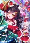  4girls :d animal_ears bangs black_hair christmas christmas_tree dress fang fur-trimmed_dress fur_trim hair_ornament hairclip hat highres hololive long_hair multiple_girls ookami_mio poyu_(soyokaze1160) red_dress santa_costume santa_dress santa_hat shirakami_fubuki short_dress smile solo_focus v-shaped_eyebrows virtual_youtuber wolf_ears wolf_girl yellow_eyes yukihana_lamy 