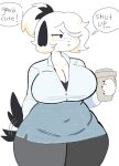  2021 anthro big_breasts biped black_claws black_ears black_tail blue_clothing blue_dress bottomwear breasts breath canid canine canis claws clothed clothing coffee_mug compliment digital_media_(artwork) domestic_dog dress eyewear female floppy_ears front_view fur glasses grey_bottomwear grey_clothing grey_topwear grumpy hair hair_over_eye half-closed_eyes hand_behind_back hi_res holding_coffee_mug huge_breasts kemono looking_away mammal multicolored_hair narrowed_eyes one_eye_obstructed ponytail portrait puppychan puppychan48 secretary shaded simple_background simple_shading solo speech_bubble standing tail_motion tailwag three-quarter_portrait topwear two_tone_hair white_background white_body white_fur white_hair wide_hips 