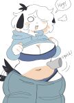  2021 :3 anthro belly belly_squish big_belly big_breasts biped black_ears black_tail blue_bottomwear blue_bra blue_clothing blue_hoodie blue_panties blue_pants blue_topwear blue_underwear blush bottomwear bra breasts breath canid canine canis chubby_female clothed clothing digital_media_(artwork) disembodied_hand domestic_dog english_text female fist floppy_ears front_view frown_eyebrows fur hair hair_over_eye half-closed_eyes hi_res hoodie kemono looking_aside looking_away mammal narrowed_eyes navel one_eye_obstructed overweight overweight_female panties pants pink_belly portrait puppychan puppychan48 raised_clothing raised_hoodie raised_topwear shaded short_hair simple_background simple_shading solo speech_bubble squish standing surprised_expression tail_motion tailwag text thick_thighs three-quarter_portrait topwear underwear white_background white_body white_fur white_hair wide_hips 