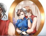  1boy 1girl bracelet breasts bun_cover chinese_clothes chun-li dress earrings holding hug jewelry ken_masters mirror mirror_image smile street_fighter 