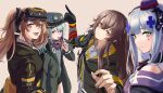  3_small_spiders 4girls absurdres bangs black_jacket blue_hair blush bow brown_eyes brown_hair candy closed_mouth expressionless eyebrows_visible_through_hair food g11_(girls&#039;_frontline) girls&#039;_frontline green_eyes green_headwear grey_eyes hair_between_eyes hair_bow hair_ornament hair_ribbon hairclip hat headset highres hk416_(girls&#039;_frontline) holding holding_candy holding_food hood hooded_jacket index_finger_raised jacket long_hair looking_at_viewer mechanical_arms mini_hat multiple_girls one_eye_closed open_clothes open_jacket open_mouth pink_background ribbon scar scar_across_eye scarf shirt single_mechanical_arm smile tactical_clothes teeth twintails ump45_(girls&#039;_frontline) ump9_(girls&#039;_frontline) upper_body upper_teeth uwu white_shirt 