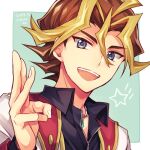  1boy :d blonde_hair brown_hair dyed_bangs hand_gesture looking_at_viewer lowres male_focus mikami_(mkm0v0) multicolored_hair sawatari_shingo school_uniform smile solo two-tone_hair upper_body yu-gi-oh! yu-gi-oh!_arc-v 